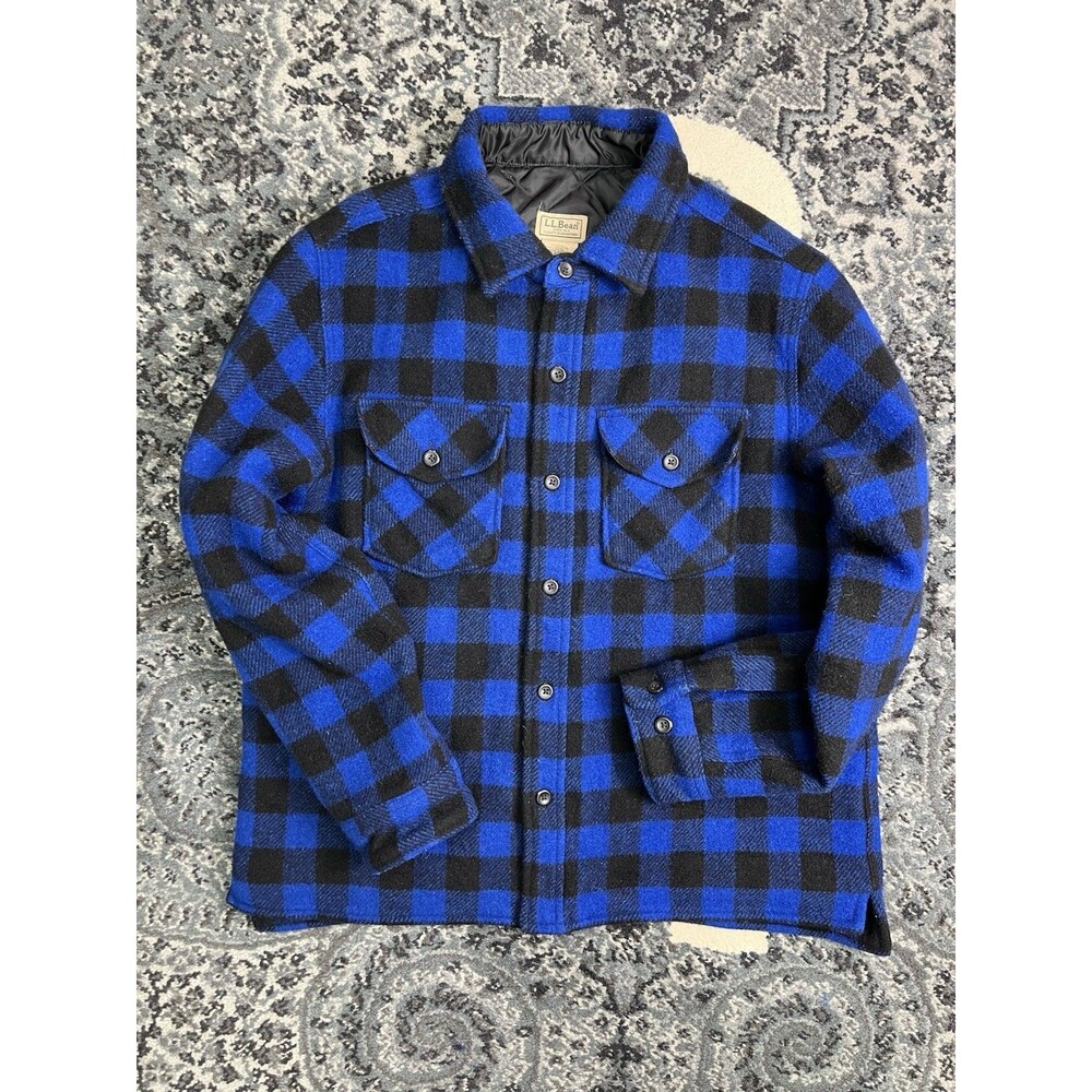 Vintage 90s L.L.Bean Plaid Flannel Jacket Size Medium Black Blue Royal Heavy